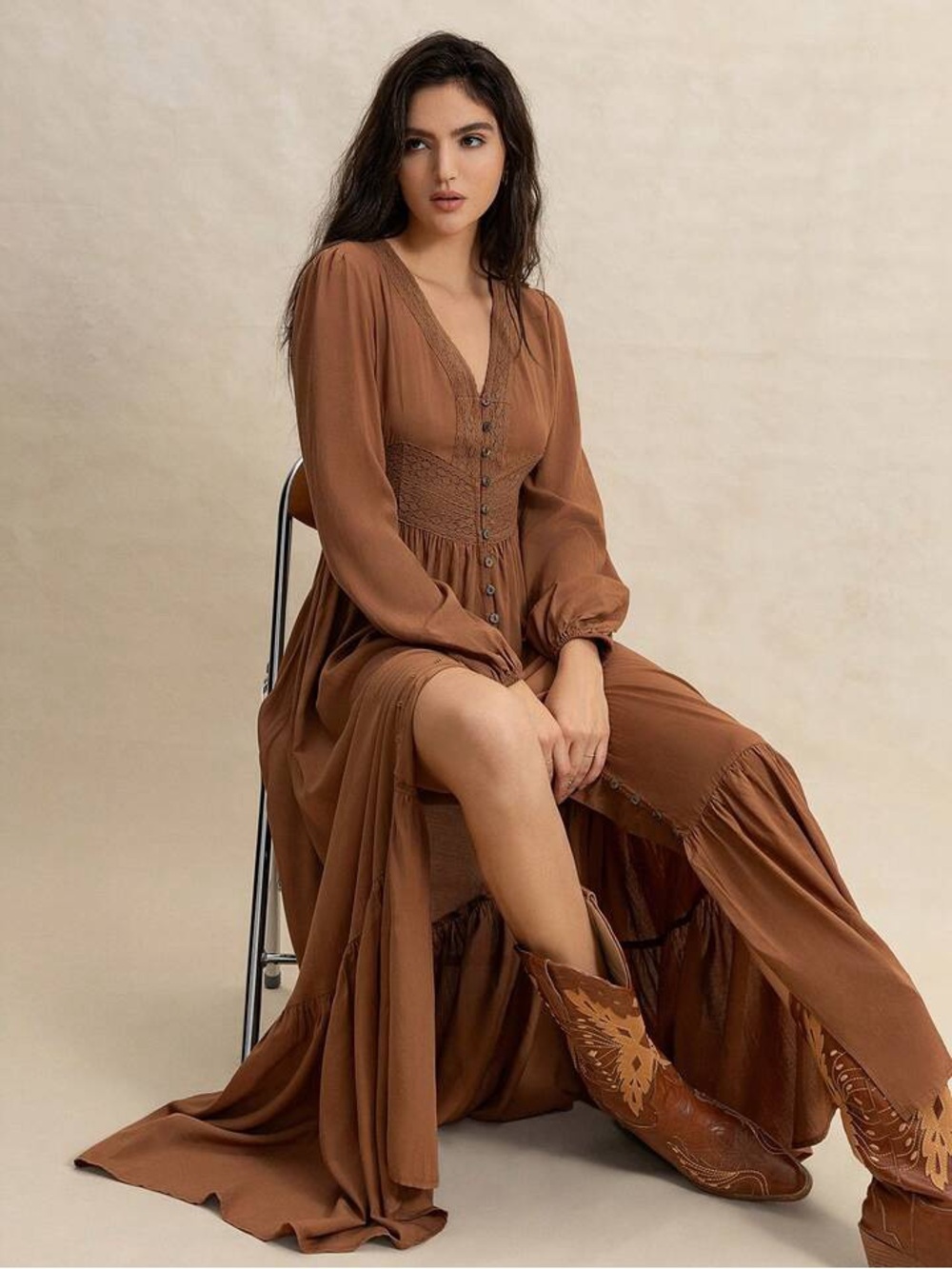 Rusttydustty Boho Prairie Maxi Dress Rust Button Front Cottagecore Earthy M - Picture 10 of 13